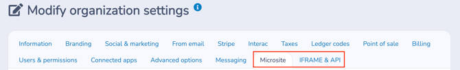 Modify Organization Settings - Microsite & IFRAME