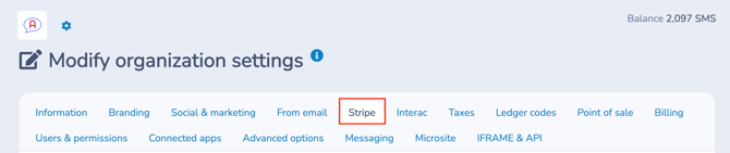 Modify Organization Settings - Stripe Tab